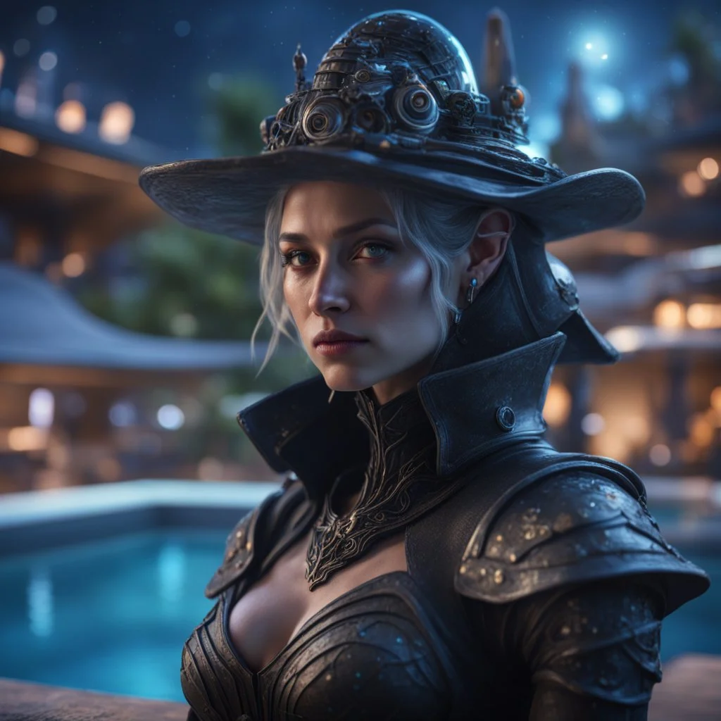 pen outline, layered, portrait of dark space witch hunter with strong gaze, by the pool, pool contains floating turtle tank star ship of extreme complexity and beauty,bokeh like f/0.8, tilt-shift lens 8k, high detail, smooth render, down-light, unreal engine