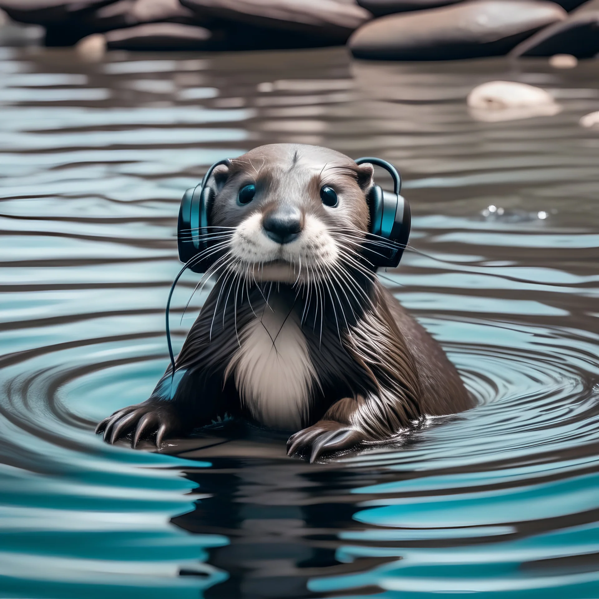 a cute otter swimming in a river wearing headphones
