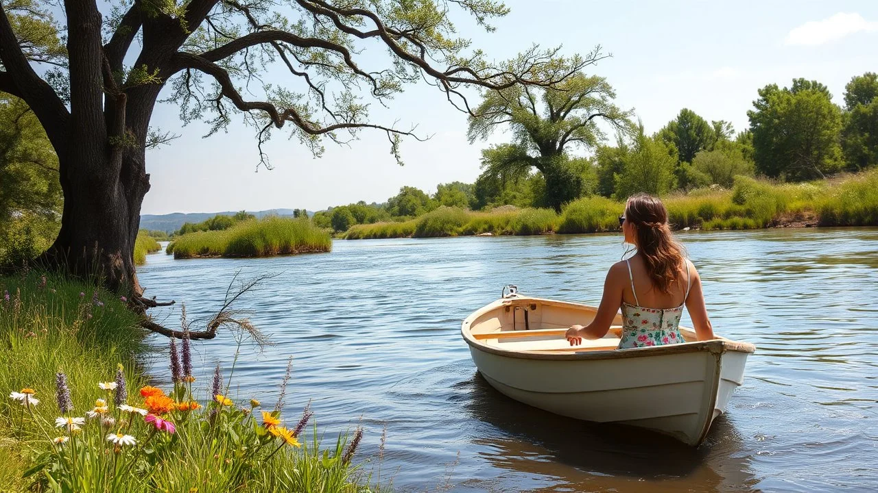 a beautiful lady in nice swim suit in pretty boat in river in country side next to river and big tree,wild flowers standing