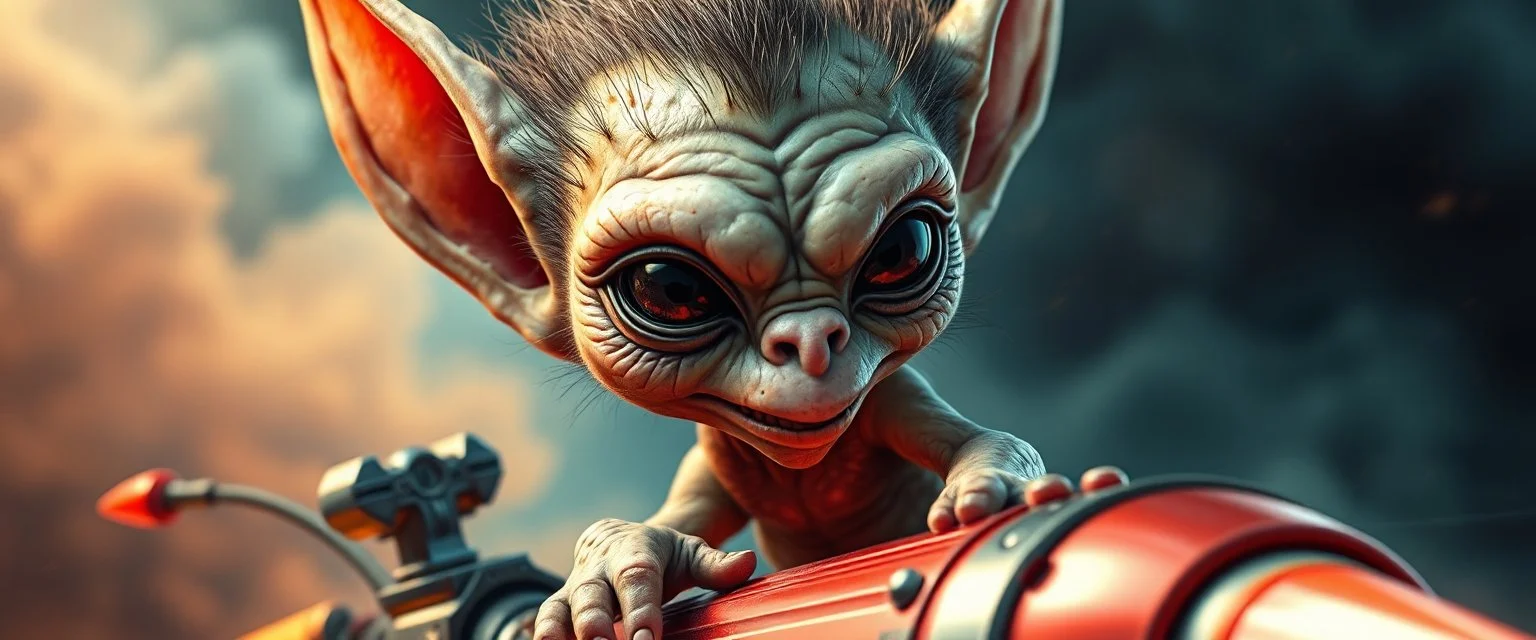 close up portrait with fine pores and real skin texture, hairy macho disco gremlin alien pimp Homunculus – living in a hi tech marvellous hot dog art graphics and gems on rocket with a mounted sling shot mega harpoon, heading for venus , background motion blur and smoke swirls
