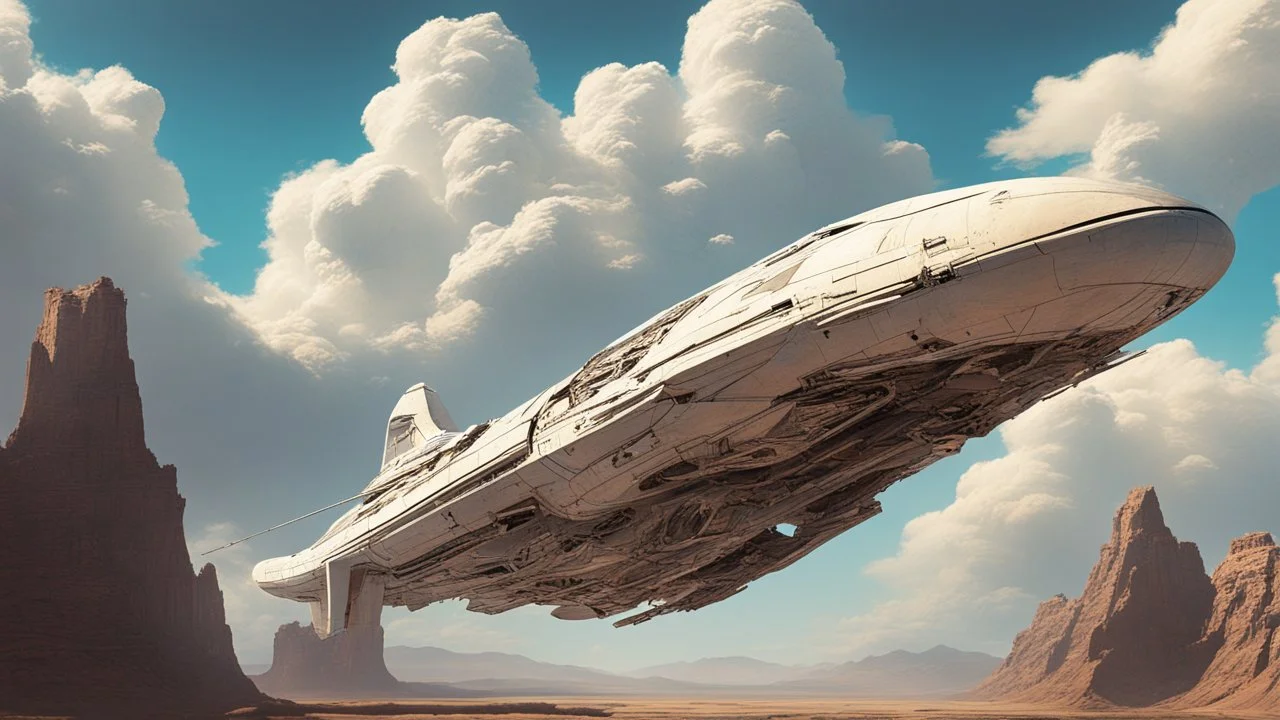 A Spacecraft, shaped like a passenger jet, without wings, hovering above a road in a ruined alien city, blue sky, white clouds