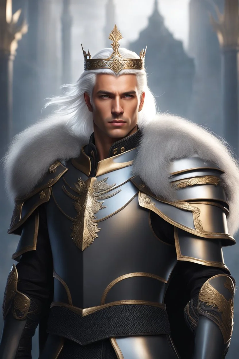 Male Tan Human, White Hair, Handsome Face, Wearing A Crown, Black Heavy Armour, Dark colours theme, Dark Background