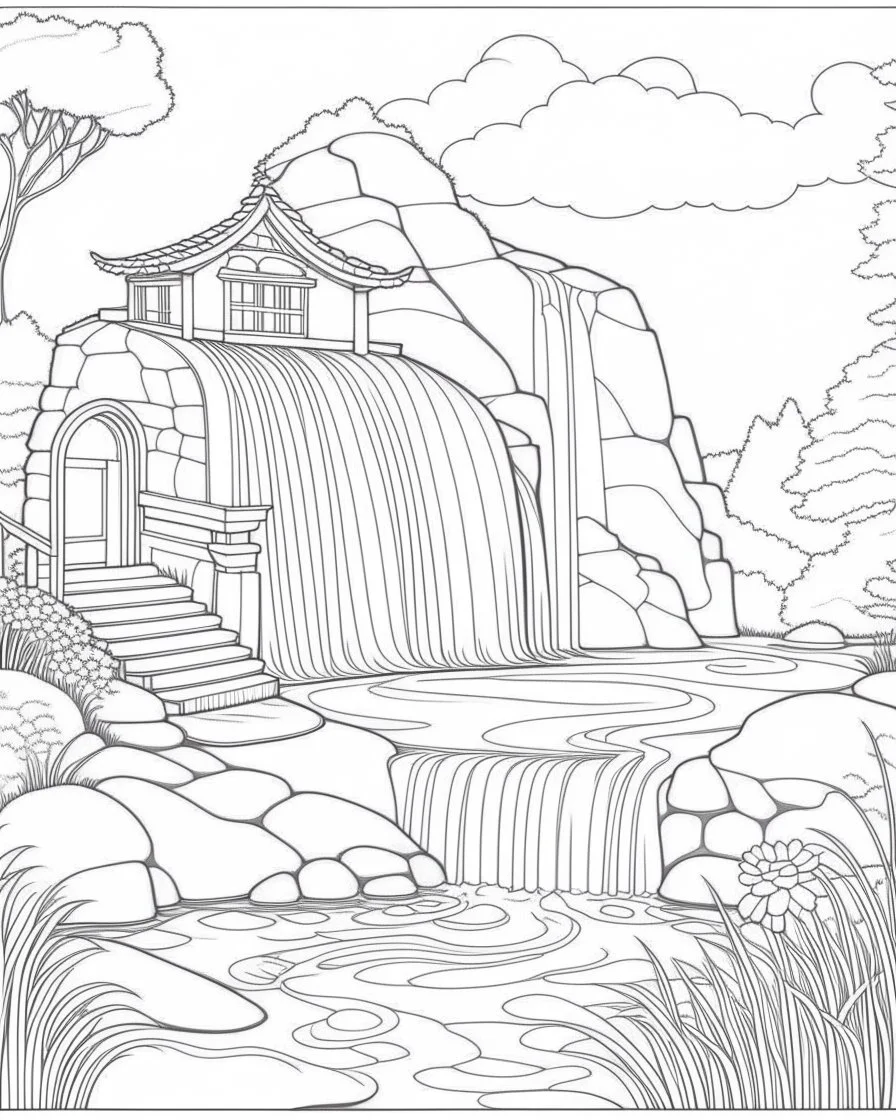 Coloring pages: A serene riverside fairy house, with a sparkling stream and cascading waterfall in the background.