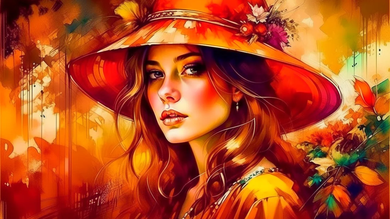 Vintage art, brown and orange shades, sunny day, straw hat for woman, summer dress, splashes of art, in the style of Dante Gabriel Rossetti, Yossi Kotler, Camilla D'Errico, masterpiece, fine art in the style of Carne Griffiths, Paula Hoppe