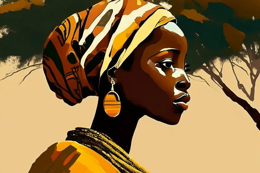 Design, African woman, oil painting, featureless, graphic, drawing without facial features, background, sky, trees, traditional clothes, look to left