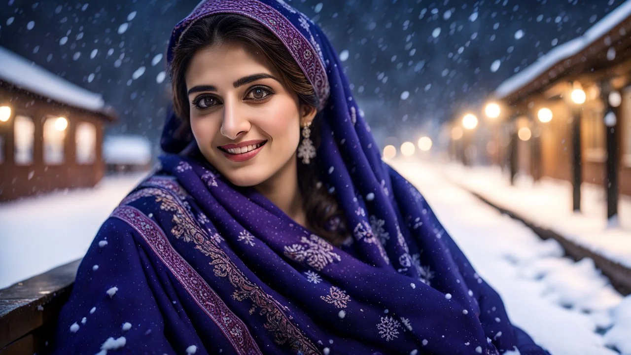 Hyper Realistic Photographic Low-Angle View Of A Beautiful Young Pashto Woman With Beautiful Eyes Lips & Nose (Wearing Beautiful Navy-Blue Frock With Purple Embroidery & White-Wool Shawl With Her Long Black Whirling) Happily Sitting On The Bench & Smiling At The Village Railway Platform At Heavy Snowfall Night Showing Dramatic & Cinematic Ambiance.