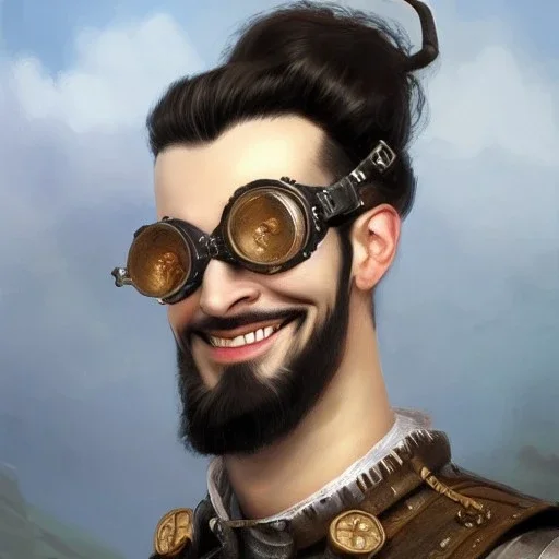 a _ fantasy _ style _ portrait _ painting _ of white male black hair short head silly smile beard round face steampunk goggles castle rpg dnd oil _ painting _ unreal _ 5 _ daz. _ rpg _ portrait _ extremely _ detailed _ artgerm _ greg _ rutkowski _ greg