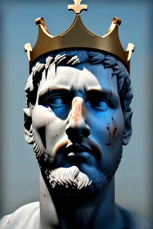 Ultra Realistic image, Roman sculpture, white marble material, Lionel Messi, gold crown of natural thorns, god crown, Renaissance style, sun rays background, waist up portrait, epic, celestial, cinematic lighting, God lights, 4k resolution, smooth details, soft lighting, unreal engine 5, art station, substance 3d.