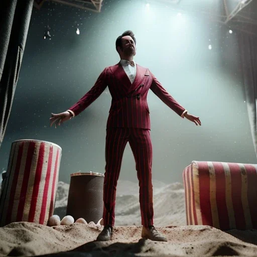 Ultra realistic circus scene. Stronger man, waist up view, Wes Anderson style, dark ambient, highly detailed, concept art, unreal engine 5, god rays, ray tracing, RTX, lumen lighting, ultra detail, volumetric lighting, 3d, finely drawn, high definition, high resolution.