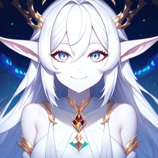 cosmic mage, elf, female, cosmic magic, long ears, white hair, face details, pale skin, jewellery, broad shoulders, sharp ears, cosmic clothes, cosmic eyes, ears shown, the cosmos in eyes, shining eyes, thin face, detailed ears, magical eyes, closed mouth, make up, smiling face, happy face, pointy ears