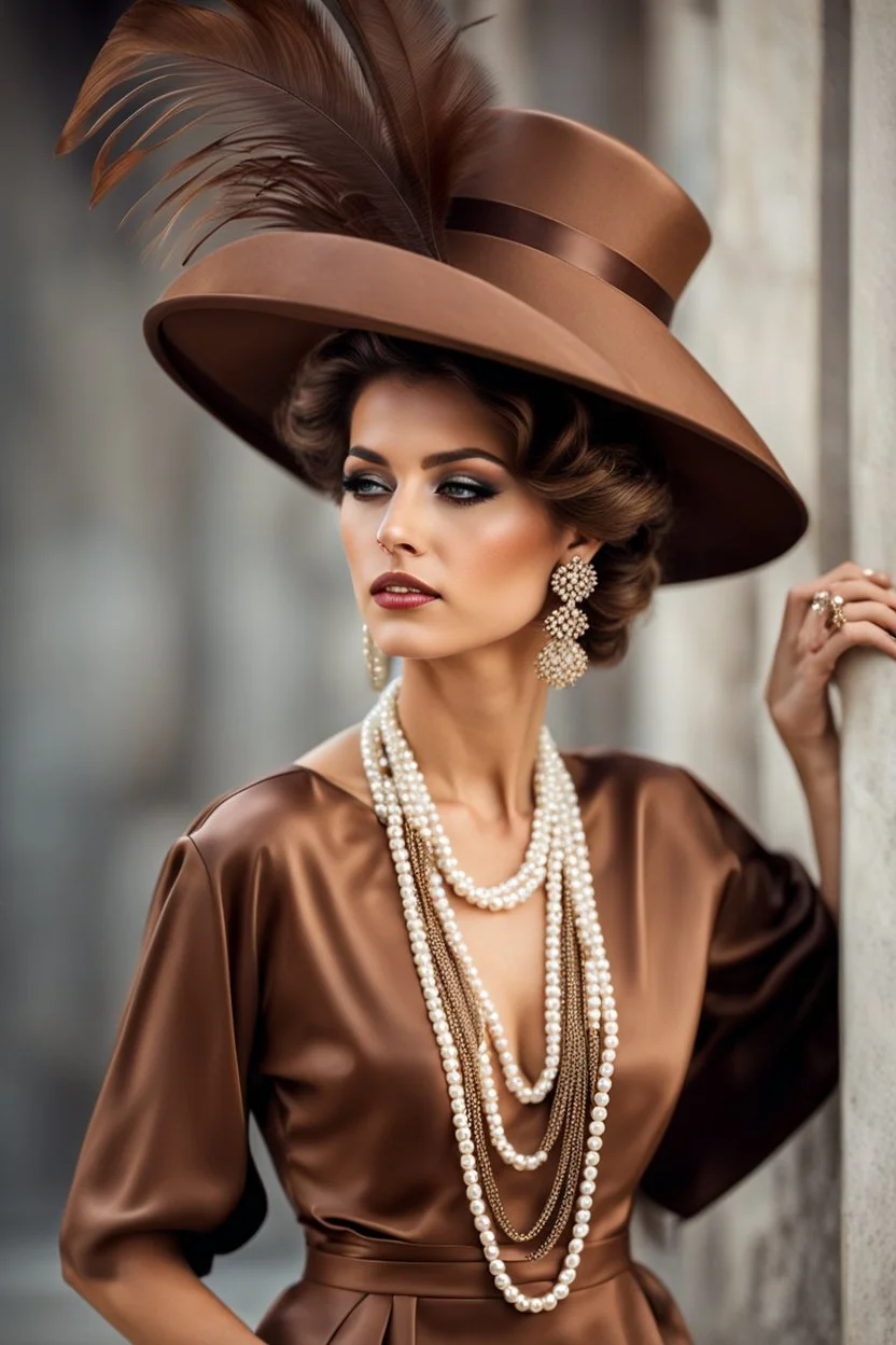 full body beautiful girl, elegant brown lace clothes of the 80s, luxury style, small elegant hat with feather, hair of the 80s, pearl necklace, earrings masterful, beautiful face