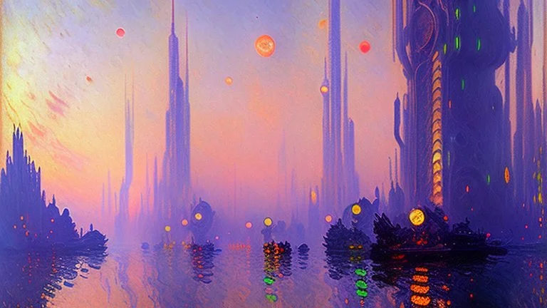 Space fururistic city, lake, Sci-fi, concept art, Konstantin korovin and claude monet painting