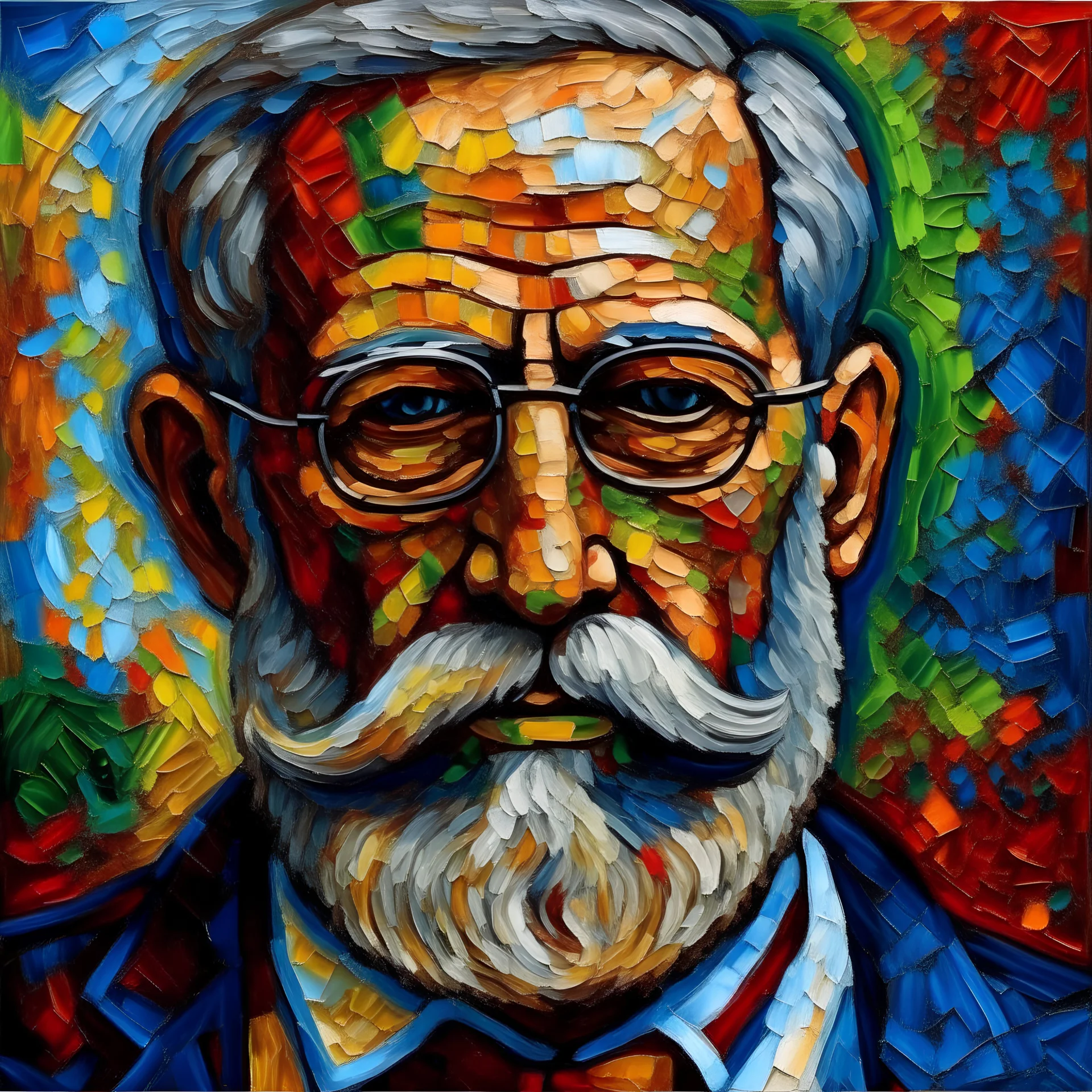 sigmund Freud en un estilo inspirado en el famoso pintor Vincent van Gogh: En un óleo vibrante y lleno de energía, Erik Erikson se retrata en el lienzo, Sus rasgos dibujados con pinceladas audaces, Capturan su espíritu en cada matiz. En la oscuridad de la noche estrellada, Su mente bulle con ideas y