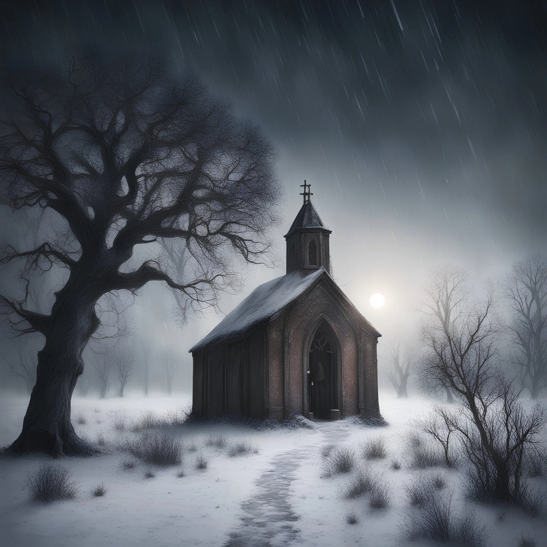 Hyper Realistic Haunted Chapel between a Field & dry old tree at heavy snowfall night with a headless man