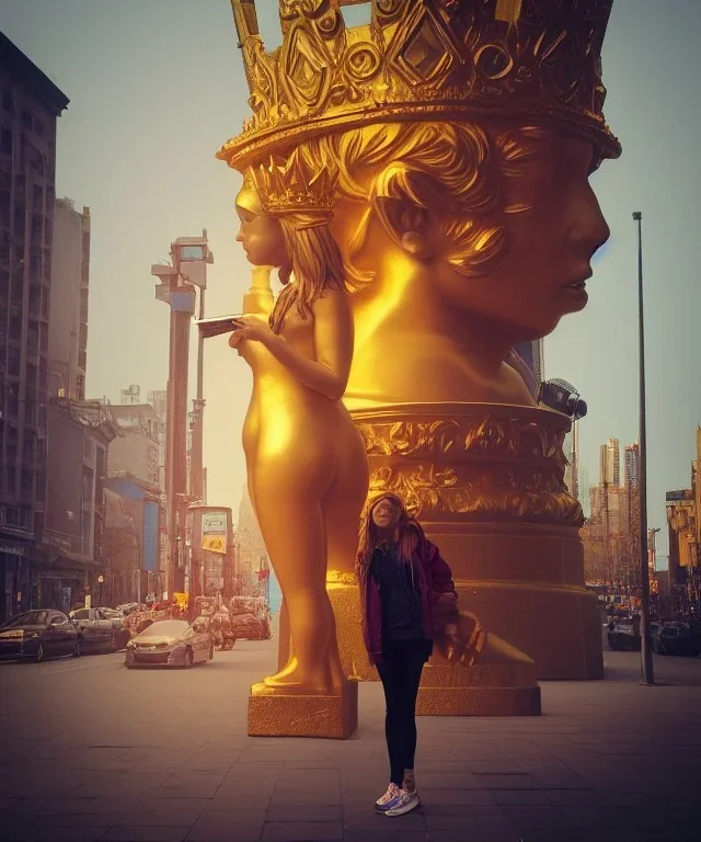 Statue of Queen of photography. Cute blonde woman. Photographer in golden crown. Standing on the street. Big camera in her hand. hyperdetailed, photorealistic, trending on artstation, greg rutkowski, beksinski, kodachrome, lomography, golden hour, bokeh, volumetric light