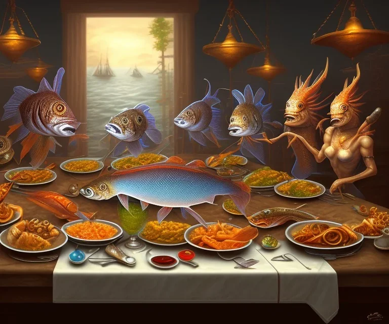 supper, fish sit at the table and eat pieces of people.