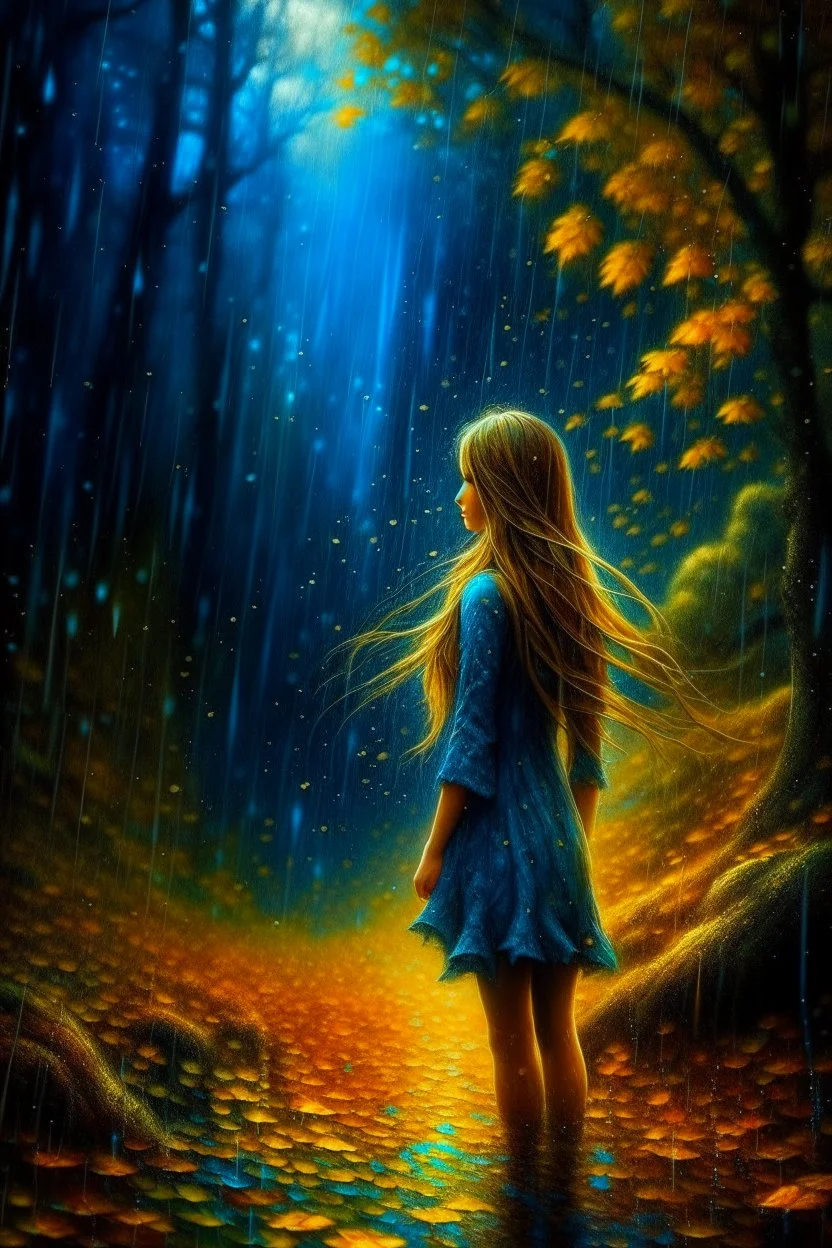 In the rain, she stands, her back to me, Long locks of golden cascading free. Clouds whisper secrets, raindrops softly fall, A night sky glistens, stars shining tall. Her imagination, wild and strong, Paints a world vibrant, where dreams belong. Colors blend like transparent hues unfurled, Creating a rain-soaked, dreamy wonderland world.