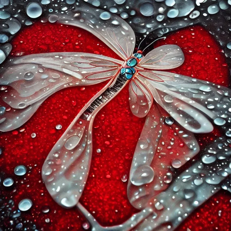 Прозрачная Бабочка из воды в белом тумане и букет венок красные стеклянные цветы в жемчужном сиянии капли дождя узкая ваза красная стрекоза абстракция