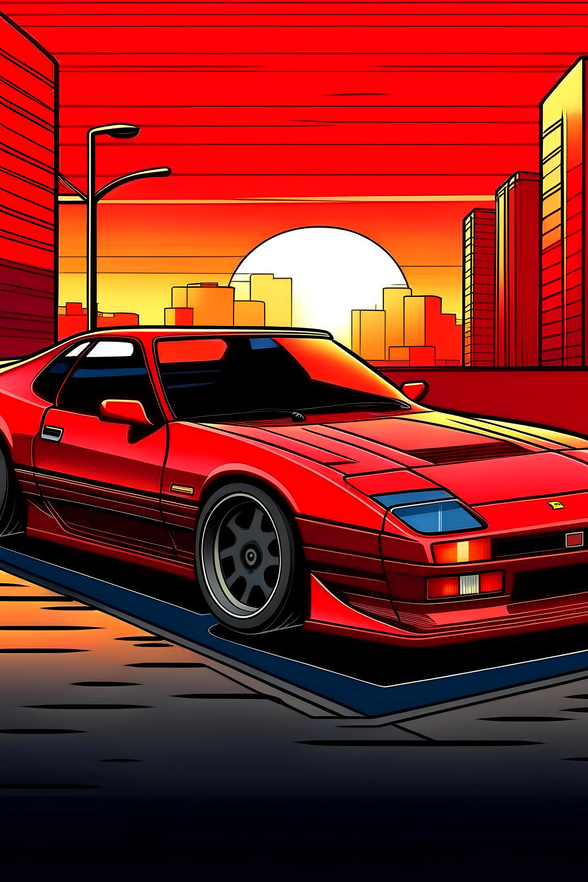 Create an illustration of a vibrant red, 1980s era sports car, parked in an urban setting with the setting sun glinting off its polished surface. The car should embody the design aesthetics of the 80s, with sleek lines, pop-up headlights, and a low, aerodynamic profile