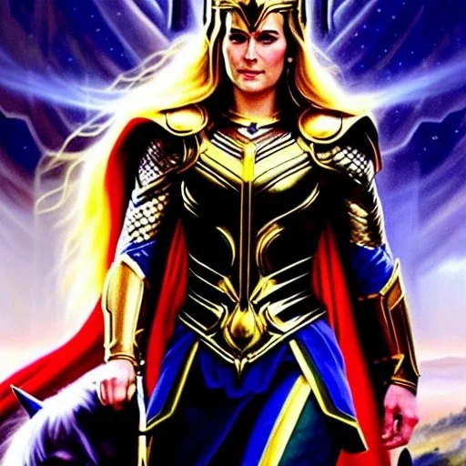 ultra detailed fullbody Portrait in oil on canvas of beautiful busty Sif wife of thor Riding a Horse ,wearing Asgardian armor,extremely detailed digital painting, intrincate, intense stare, extremely detailed face,crystal clear Big Glowing eyes, mystical colors ,perfectly centered image, perfect composition, rim light, beautiful lighting, 8k, stunning scene, raytracing, anatomically correct, in the style of robert e howard and Ken Kelley and Ohrai Noriyoshi and Simon Bisley and tomzj1