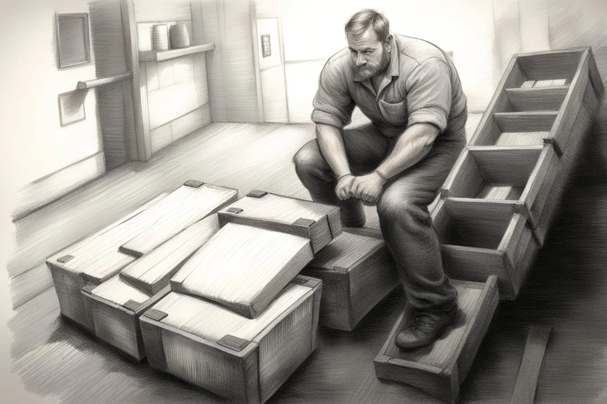 a swedish industry worker from sweden, very strong man pushing a wooden crates and IBC along the floor in a factory,very basic sketch painting like the image i uploaded, lead pencil