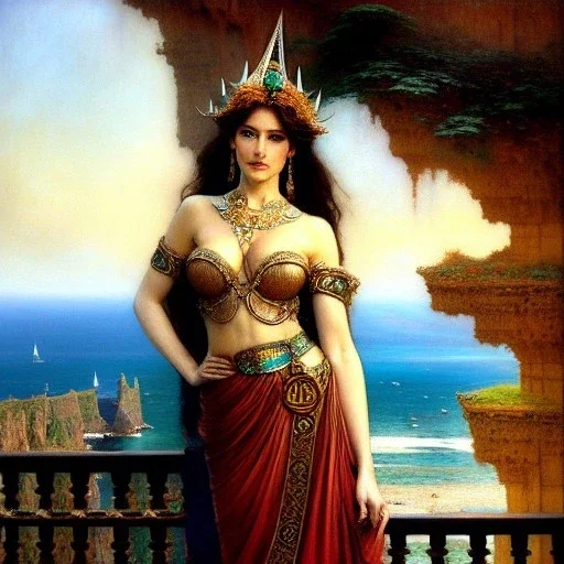 Drawing of beautiful face busty Celtic queen,balcony,view,cliffs,sea,ancient leather armor, balanciaga fashion clothe painting by gaston bussiere, greg rutkowski, yoji shinkawa, yoshitaka amano, tsutomu nihei, donato giancola, tim hildebrandt, oil on canvas, cinematic composition, extreme detail,fit full head inside picture,16k