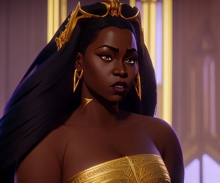 A beautiful curvaceous black woman with long straight curly black hair, wearing a gold crown, and a gold intricate detail gown, yoruba culture, orixa, magical, ethereal, gown, sharp lighting, cimematic lighting, misty. Painting, high quality, Ultra quality 8k. Running and holding a sword