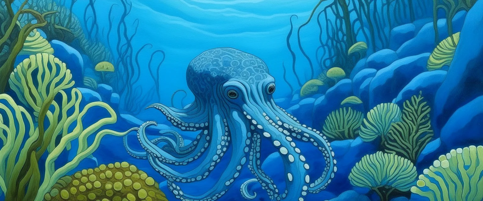 A blue underwater reef with an octopus painted by John Brack