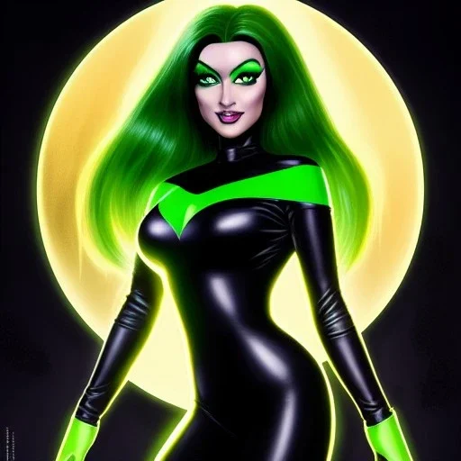 ultra detailed fullbody portrait of Shego, wearing skintight Black costume, extremely detailed digital painting, intrincate, extremely detailed smiling face,crystal clear Big Green eyes, in the style of Adam Hughes , mystical colors , perfectly centered image, perfect composition, rim light, beautiful lighting,8k, stunning scene, raytracing