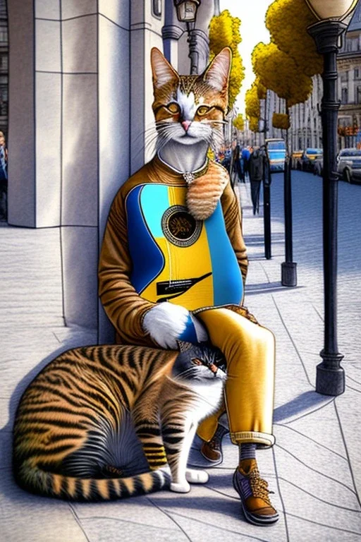 One single mature street cat, friendly, playing guitar, vienna, sunny day, perfect iris, model style, hyper realistic, extremely accurate, delicate, extremely detailed, Graphic novel style, colours, wide-angle, open aperture, superfine pencil