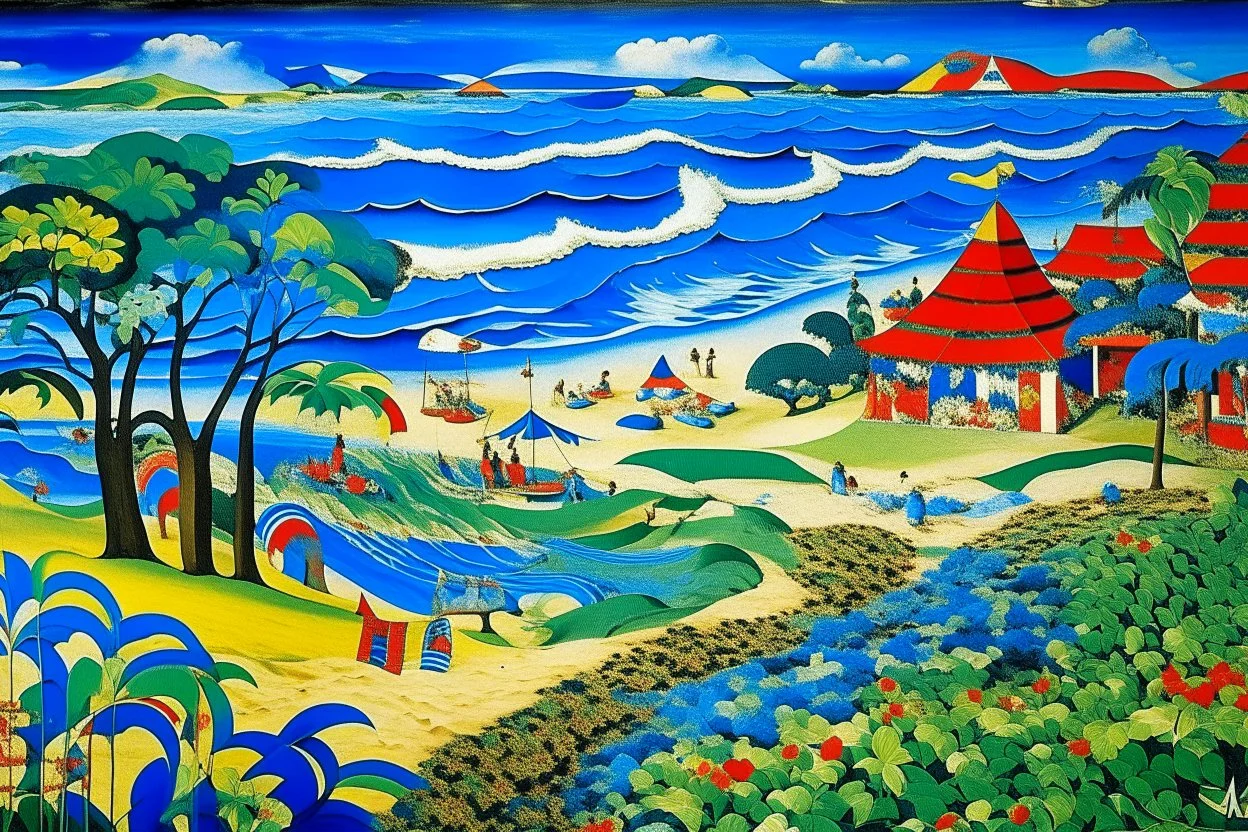 A blue beach near a farmland designed in Japanese Oni masks painted by Wassily Kandinsky