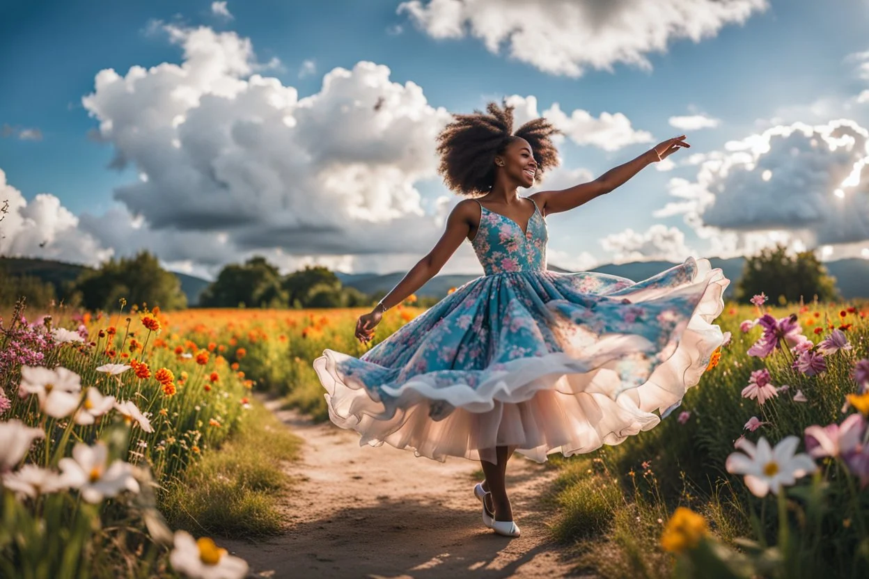 The camera zooms in, focusing sharply on young black girl Lily wearing pretty dress as she dances gracefully in the same romantic environment with flowers and sky with nice clouds. Her joy and youth are presented against the backdrop of the surreal surroundings.