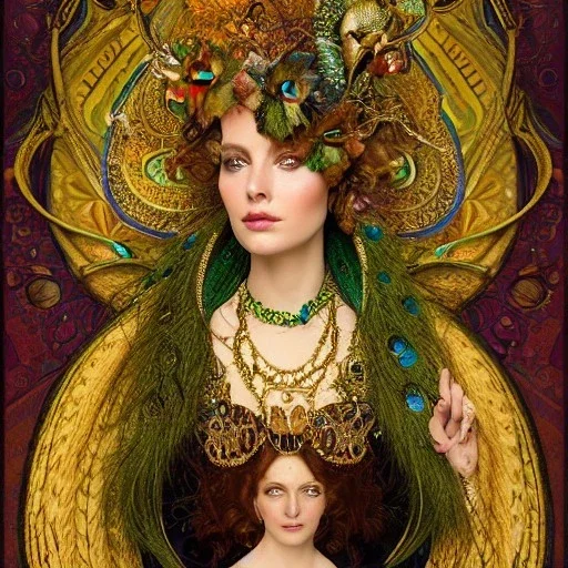 portrait of woman queen of peacocks, stunning, beautiful, gorgeous, realistic, photo illustrative, ornate, 8K resolution, high-quality, fine-detail, digital art, detailed matte, brian froud, howard lyon, selina french, anna dittmann, annie stokes, lisa parker, greg rutowski, alphonse mucha