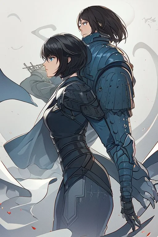 Motoko Kusanagi from "Ghost In The Shell (1995)", clad in medieval stell plate armour, melancholic, alone, big blue eyes, perfect, beautiful, black hair, correct proportions, in the style of "Ghost in the Shell (1995)"