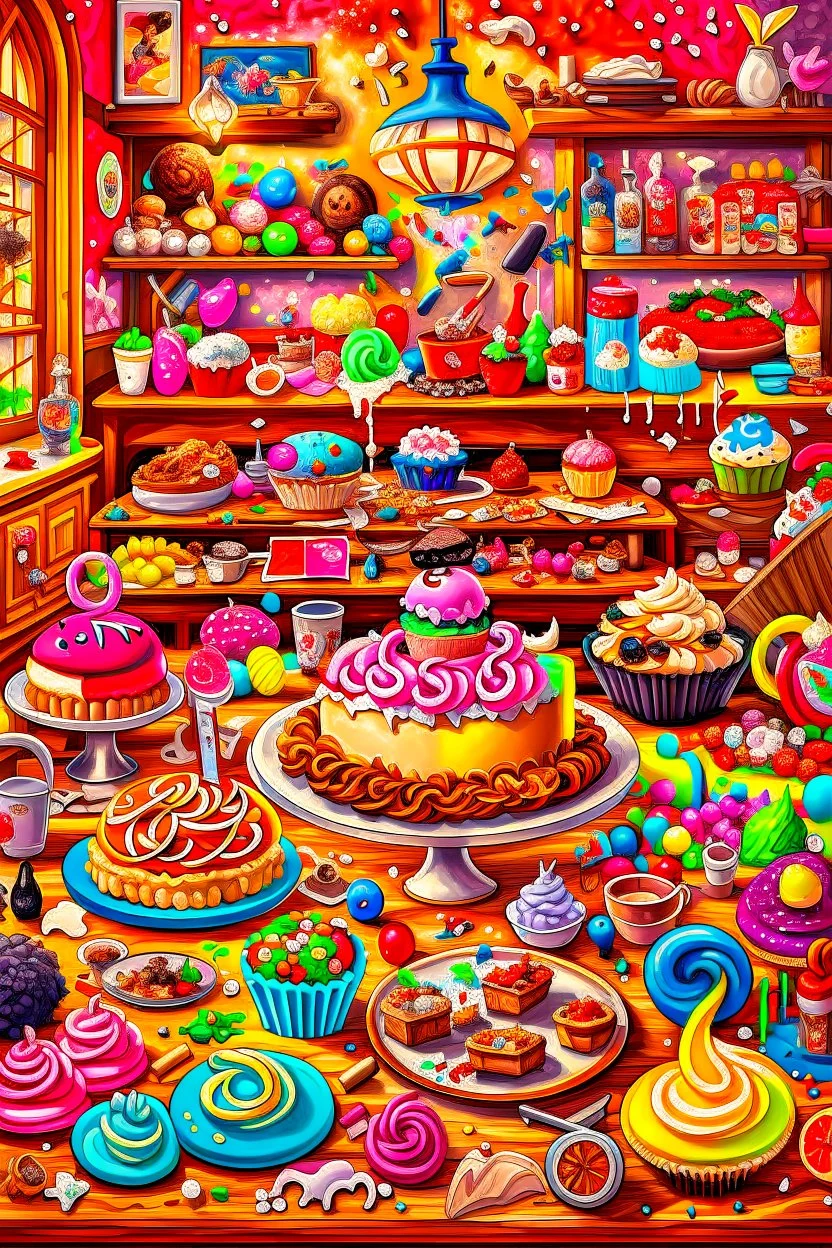 surrealistic image of toys baking and decorating delicious treats in a toy-sized bakery. You can have toy chefs decorating cupcakes, rolling out dough for cookies, and frosting cakes. Surround them with an assortment of mouth-watering pastries and candies.