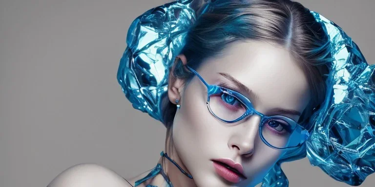 An elegant face of Scarlett Leithold intense red lips with blue glasses backlit blue