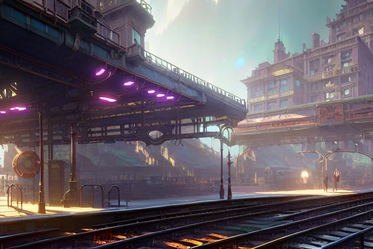 Elevated Corner Trainstation in Italian village sea close up train+Elevated train+corner train+train on sea +alphonse mucha, greg rutkowski,matte painting, cryengine, hyper detailed, felix kelly, fantasy art, seb mckinnon