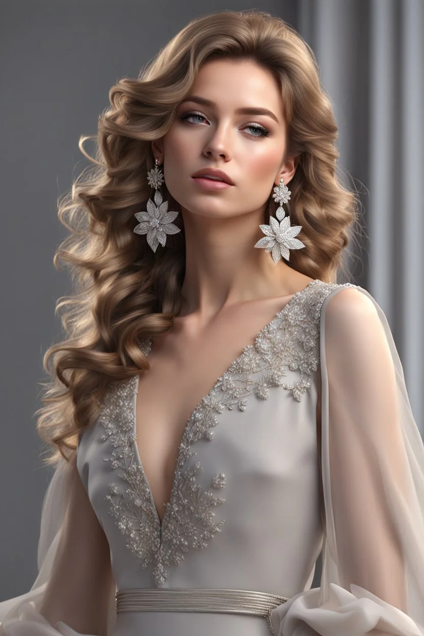 full body woman, from Russian Federation , elegant dress, elegant curled hair , 19 years old ,earring, no make up,8k, Candid avant garde portrait, charming woman, wearing Lovely Flower Diamond Pendant, octane render 3d, plastic material