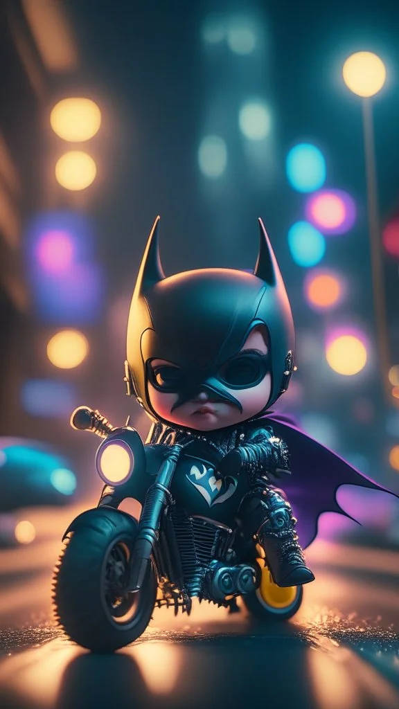 A flirty face Kawaii tiny hyper realistic baby batman riding mini harley davidson sportster modified, wearing bikers batman clothes with shooting action, night of cyberpunk city background. wide angle full body, 8k, Cinematography, photorealistic,epic composition Unreal Engine,Cinematic, Color Grading, Portrait Photography,Ultra-Wide Angle, Depth of Field, hyper detailed