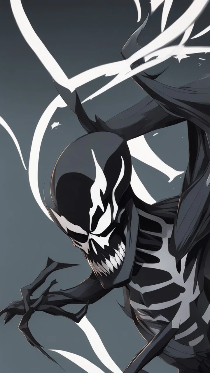 A close picture to Mix between Skeleton and venom symbiote in solo leveling shadow art style