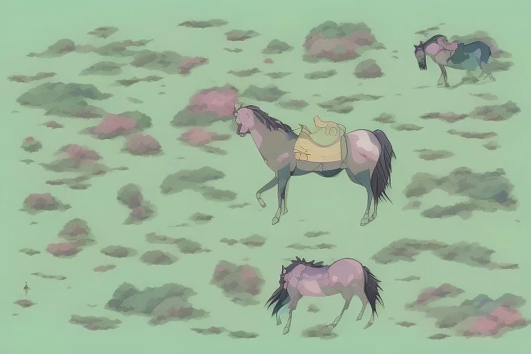 illustration fantasy horses of different colors in a field from afar