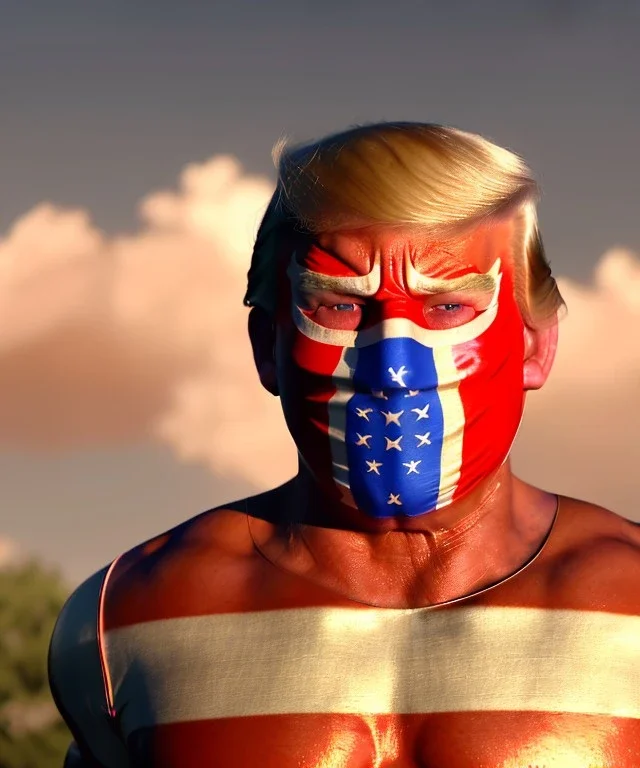 Realistic image of Donald trump wrestler, Mexican wrestling style, Mexican wrestling mask, clear nose and visible chin, red and blue breeches, glow us flag dress, suspenders, retro style, 80s, vibrant color, highly detailed, sky background, concept art, unreal engine 5, god rays, ray tracing, RTX, lumen lighting, ultra detail, volumetric lighting, 3d, finely drawn, high definition, high resolution.