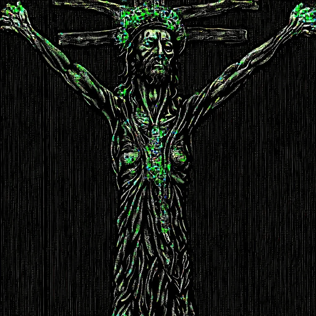 crucified on the cross christ liberty hybrid tone, woodcut, engraved, wall street journal style, statue of cruicified Jesus of Liberty with a beard and wearing a cross and hanging from a cross, The statue male, hyperdetailed intricately detailed photoillustration ink drawing dystopian 8k resolution entire body of the statue is in the picture. digital illustration telephoto lens photography , same colors as the us treasury's one dollar bill, crucified"