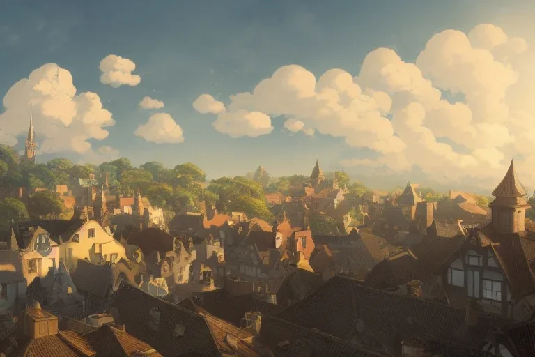 a wholesome animation key shot of a traditional city with tiled roofs, architecture, very detailed, medium shot, studio ghibli, pixar and disney animation, sharp, rendered in unreal engine 5, anime key art by greg rutkowski, bloom, dramatic lighting, blue sky with clouds