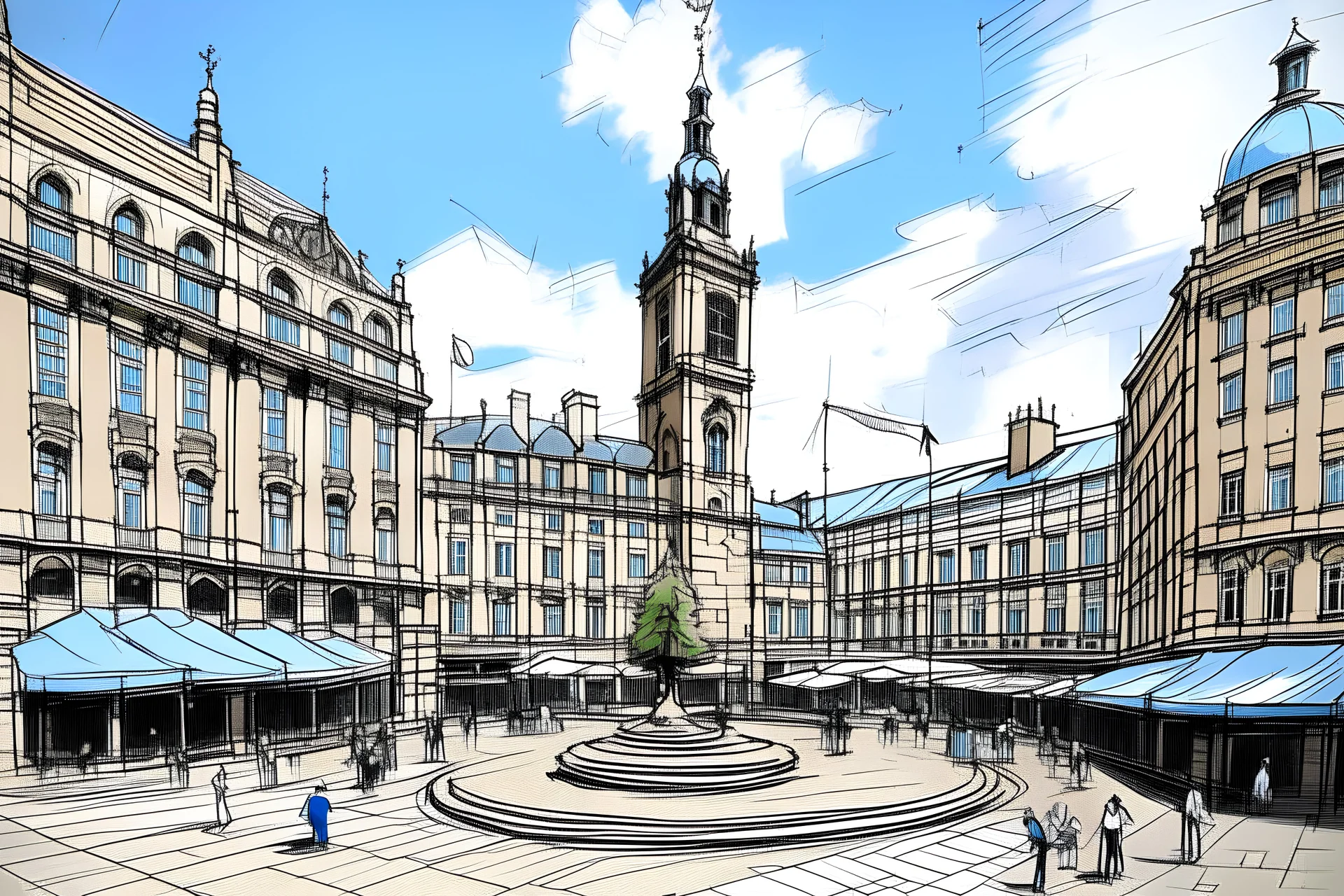 urban sketch of Nottingham market square