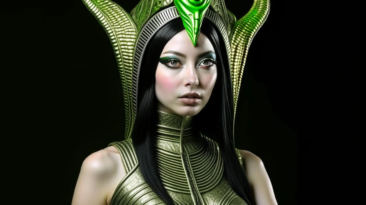 pale alien woman wearing a metallic alien headdress, wearing exotic clothing. Black hair bob