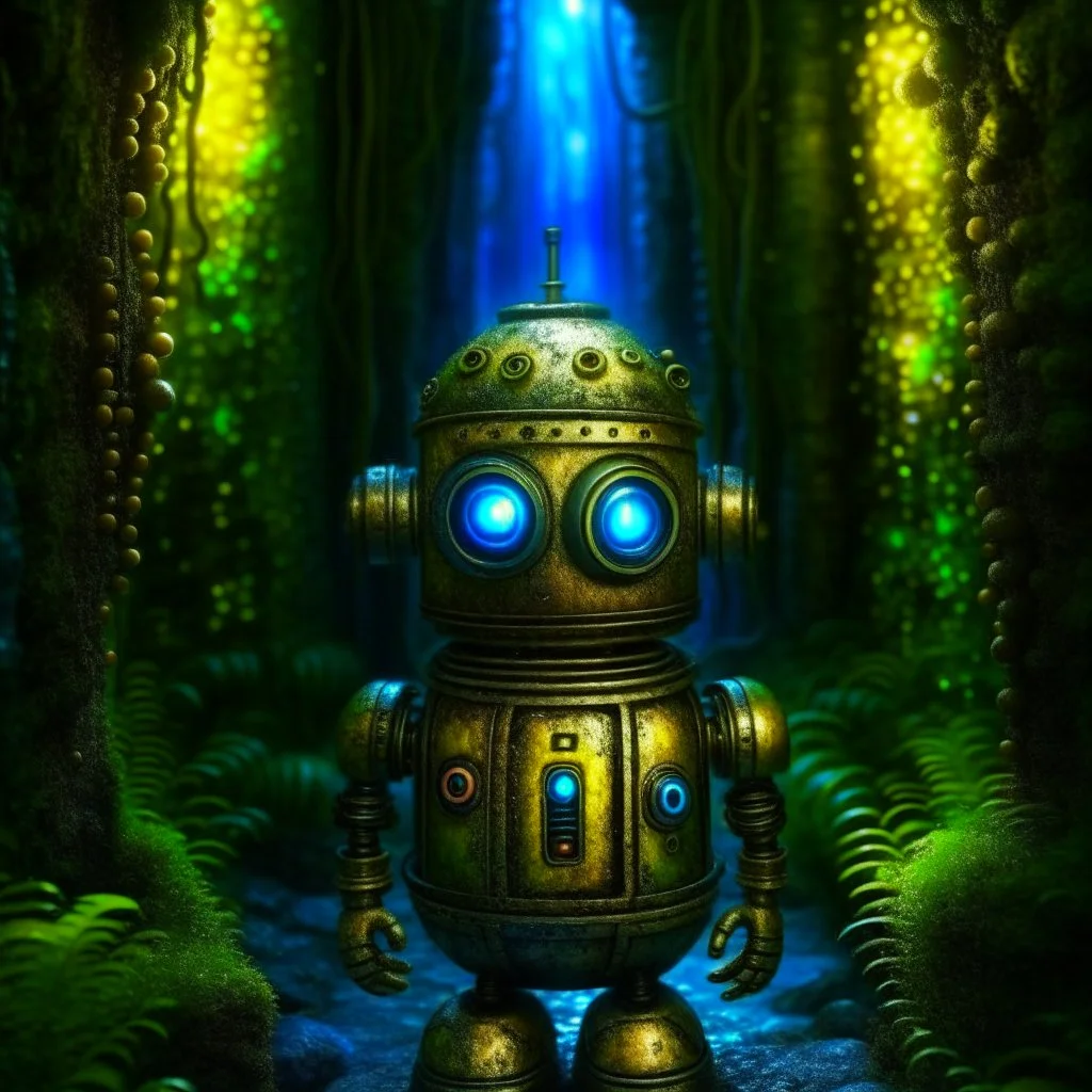 portrait of advanced cute chat robot in the style of lovecraft , in front of teleporter portal to the sea in an underground grove, in the style of dali, 8k, down-light, soft light, depth of field, photo realism, trending on art station, high detail