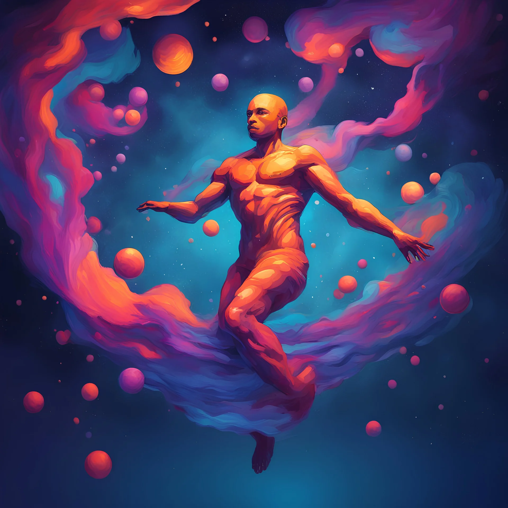 metahuman floating, in vibrant art style, background night