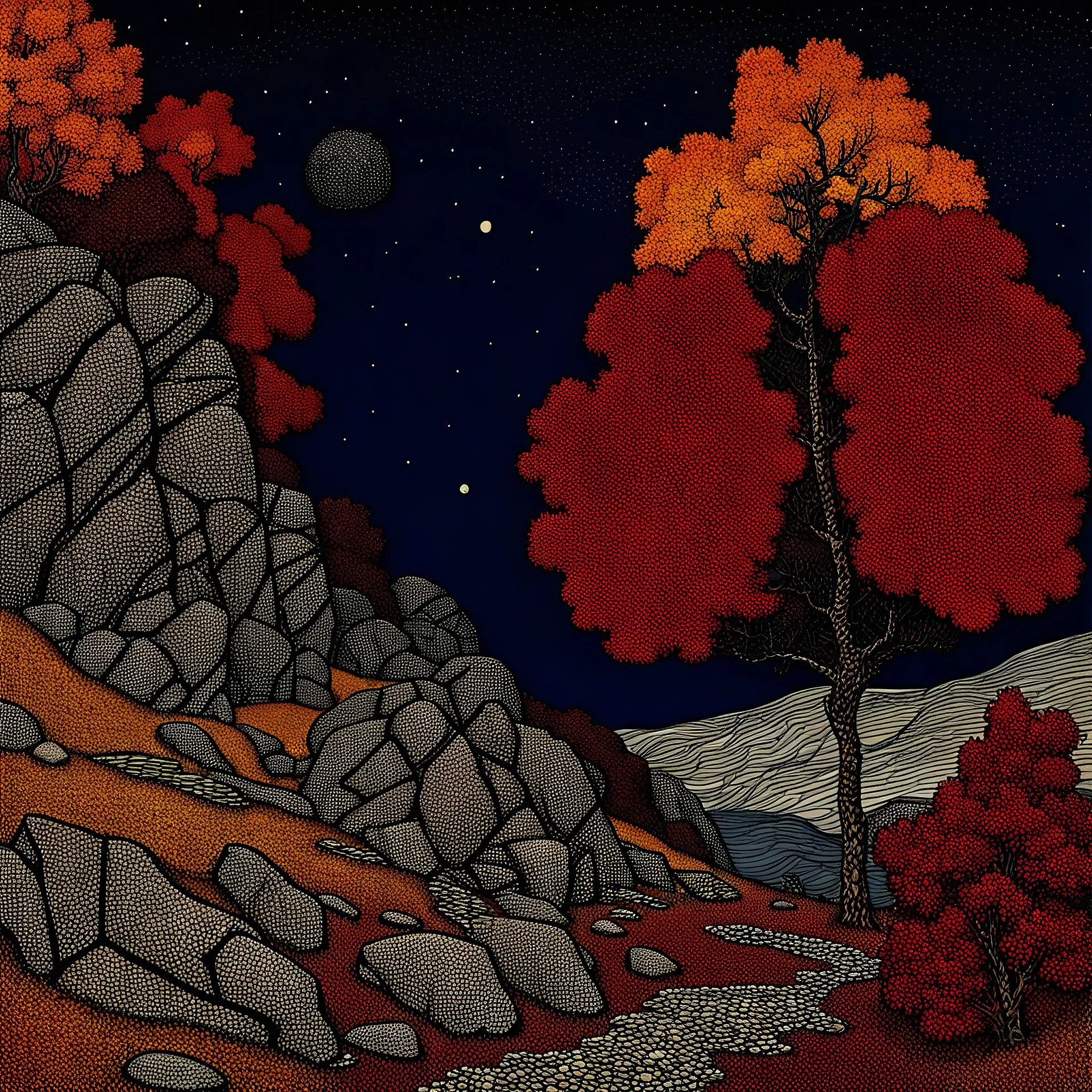 Autumn colors, peaceful, Egon Schiele, Max Ernst, night sky filled with galaxies and stars, rocks, trees, flowers, one-line drawing, sharp focus, 8k, deep 3d field, intricate, ornate, one million strokes
