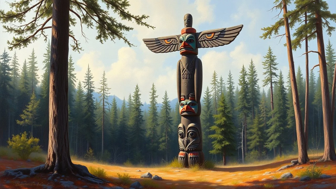 Realistic oil painting of a Native American totem pole in a peaceful forest clearing, intricate details and vibrant colors, reminiscent of the works of Thomas Moran and Frederic Edwin Church, (long shot), soft natural lighting.